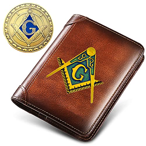 Unique Men's Brown Vintage Trifold Short Wallet, Freemasons AG Symbol Genuine Leather Wallets with RFID Blocking, Male Luxury Gift High Capacity Card Holder Purse,B,4.7'x3.7'x0.6'