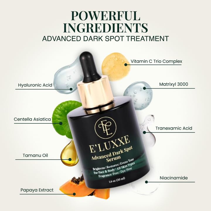 E'Luxxe Advanced Dark Spot Serum – Triple Vitamin C, Tranexamic Acid & Niacinamide with Papaya & Cica - Hyperpigmentation & Dark Scar Treatment for Face & Body, Non-Comedogenic, Fragrance-Free (50ml) - Image 2