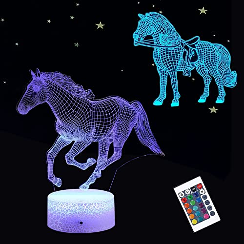 Lámpara de caballo 3D, luz nocturna, 3 patrones con mando a distancia, 16 colores de control remoto LED, ilusión de animales, luz nocturna para decoración del hogar, oficina, regalos