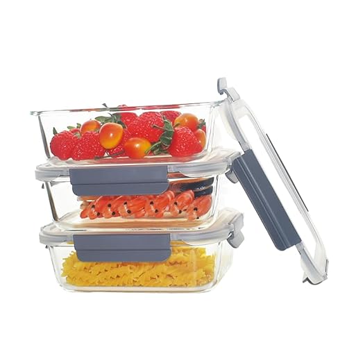 GRANZ Glass Food Storage Containers, BPA-Free Food Storage Containers, Airtight Snap Loc lid, Leak Proof Meal Prep Boxes, Stackable, Eco-Friendly, Reusable, Microwave & Dishwasher (3 Pack Large)