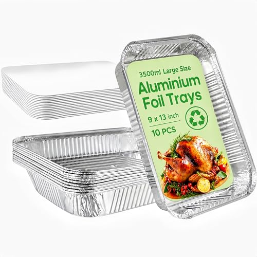 10 Pack Large Aluminium Foil Trays with Paper Lids(32x21x5cm 3500ml) Heavy Duty Disposable Roasting Pans & Deep Baking Tins Rectangular Foil Containers for Oven Cooking BBQ Freezer Meal Prep