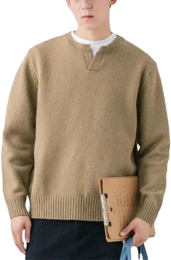 Men's Long-Sleeve V-Neck Knit Sweater Smooth Plain Korean Style Pullovers Fall Winter Soft Warm Sweatshirts
