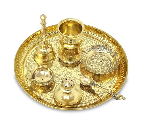 Image of BENGALEN Brass Pooja Thali Set with Red Gift Box 8 Inch Pital Puja Thali Dhup Dan Kalash Palli Ghanti Kangura Plate Kuber Diya for Diwali Home Mandir Office Wedding Return Gifts Items