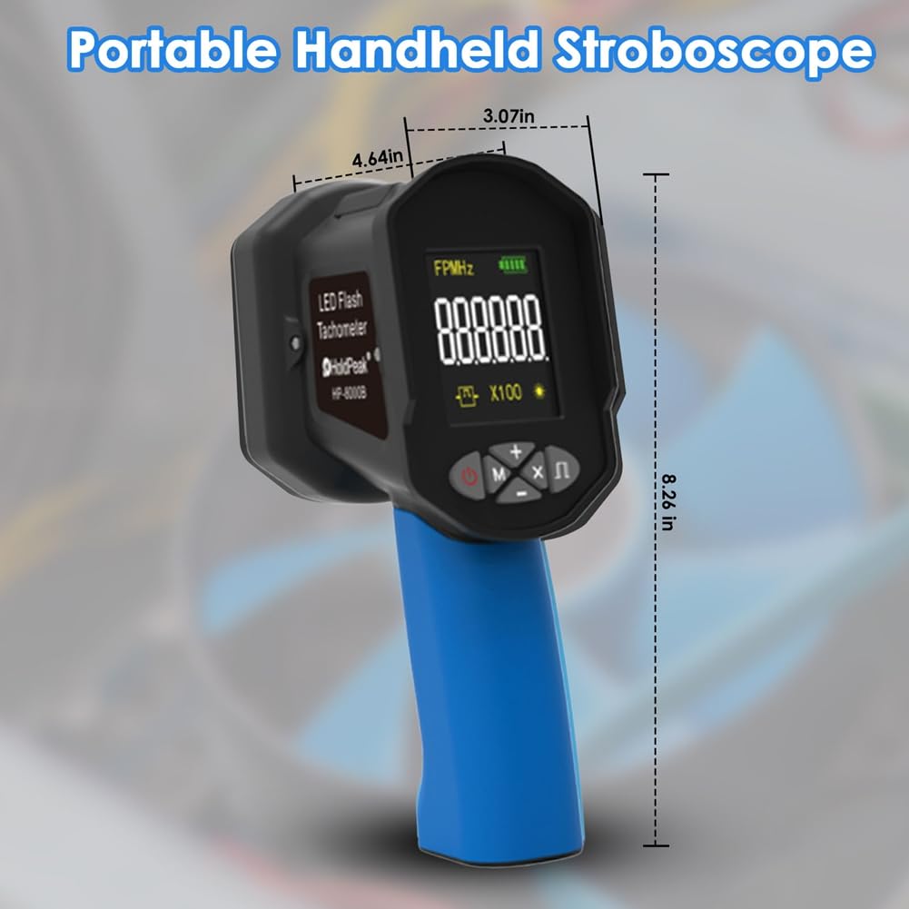 Estroboscopio Digital de Mano de 60 A 99999 FPM, Tacómetro con Luz Estroboscópica Sin Contacto, Alta Precisión, 0,001%, Flash LED, Azul