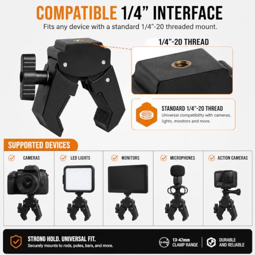 Image of Brolaviya Super Clamp with 1 /4 inch Interface Female Thread Mount, Adjustable Camera Clamp for 13-47mm Rods & Poles, Universal Mount for DSLR Camera, Action Camera, LED Light, Microphone, Bike & Tripod