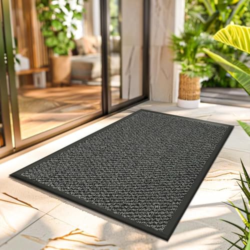 Large Door Mat Entrance Dirt Grabber Floor Mat - Grey, 60 x 90 cm - Waterproof Non Slip Strong Rubber Backing PVC Door Mat for Indoor Kitchen, Entrance Hall Hallway