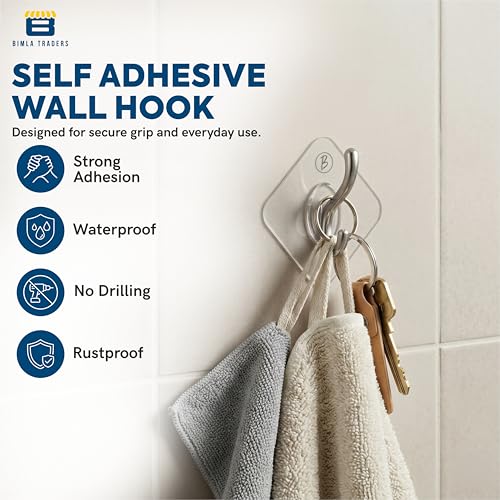 Image of Self Adhesive Wall Hooks - No Drill, Waterproof & Rustproof |Wall Hanging for Kitchen Tools, Bathroom, Bedroom Products Door Organizers Accessories Items |Easy Install (Transparent PO10)