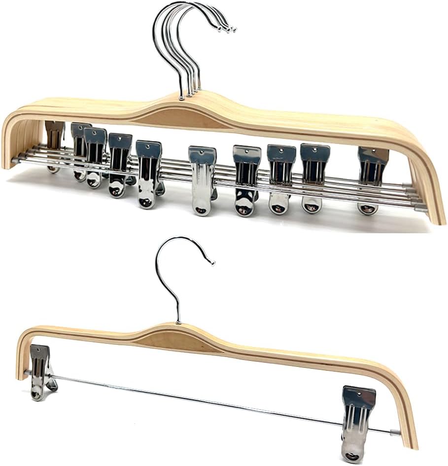 30 Pack 14.5" Natural Wooden Pants Hangers, Clothes Display Wood Skirt Hanger Bottom Hangers Metal Adjustable Clips Hanger for Slacks, Jeans, Shorts