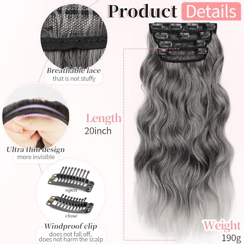 Image of KooKaStyle Clip in Synthetic Hair Extensions Long Wavy 4PCS Thick Hairpieces Grey Sliver Mixed Fiber Double Weft Natural Hair Extensions 20 Inch for Women