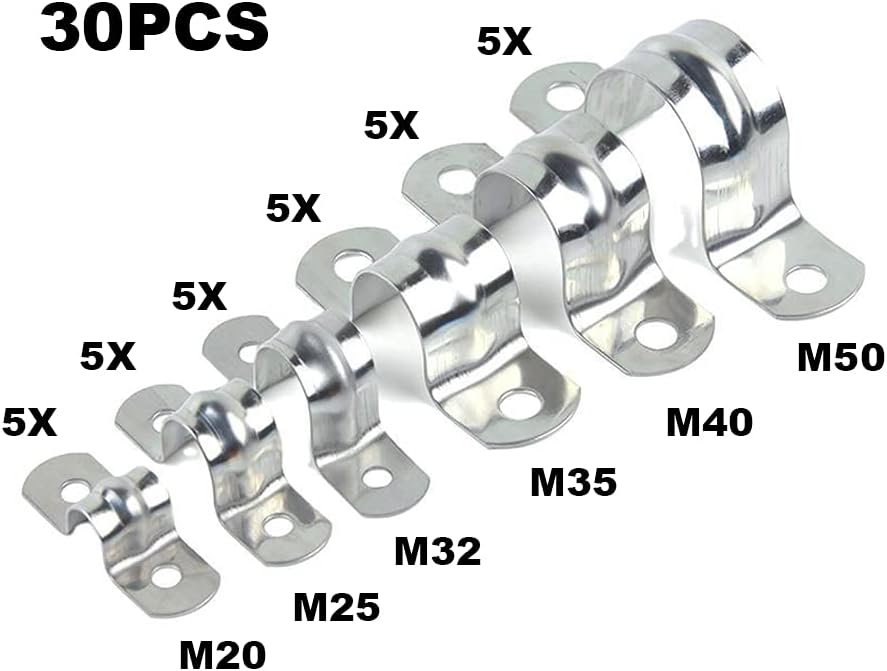 SyiXute 30 Pcs 20 25 32 35 40 50mm Pipe Strap Clamp,304 Stainless Steel Pipe Clips,U Shaped Pipe Straps Saddle Clip,Two Hole Tube Strap Tension Clips for Fixing Bracket of Water Pipe and Gas Pipe - Image 4