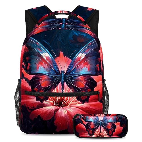 Sac à dos papillon bleu et rouge avec trousse pour enfants et adolescents