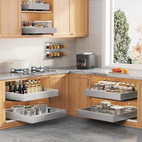 2Pack Expandable Pull Out Cabinet Organizer 21"Deep With Raising Pad for Framed Cabinets, Upgrade 3 Slide Rails Slide Out Drawers,Roll Out Shelves Adhesive,Adjustable Width 12.05"-20.4"Silver