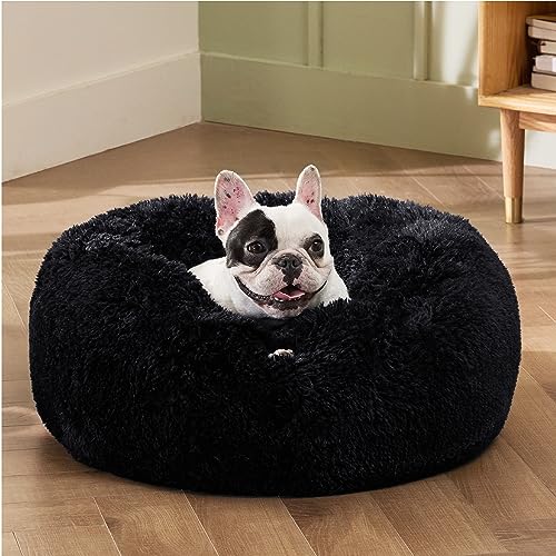 Image of Bedsure Calming Dog Bed for Small Medium Dogs - Donut Washable Medium Pet Bed, 27 inches Anti-Slip Round Fluffy Plush Faux Fur Cat Bed, Black