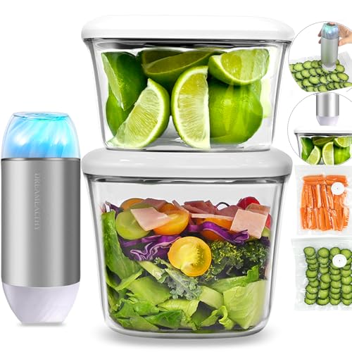 Image of Dreamealthy Auto Vacuum Seal Containers 1L+1.5L with Compact Handheld Vacuum Sealer, 2 Vacuum Zipper Bags, One-Touch Sealing, BPA Free Tritan, Airtight Food Storage Container with Lid also for Liquids
