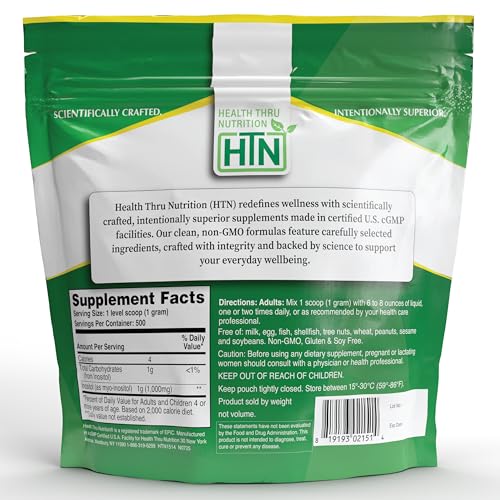 Image of Health Thru Nutrition Inositol Powder - 500g Pure Powder as Myo-Inositol | 1,000mg (1g) Per Scoop - Included | Unflavored, Vegan, Non-GMO | 500 Servings - Clean Supplement