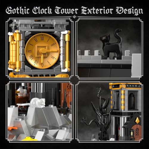Image of Vziimo Magic Clock Tower Building Set, Gothic Haunted House Decor Model Kit with Black Cat & Animals, Medieval Castle MOC Creator Gift for Adults Teens Age 14+ (1232 PCS)