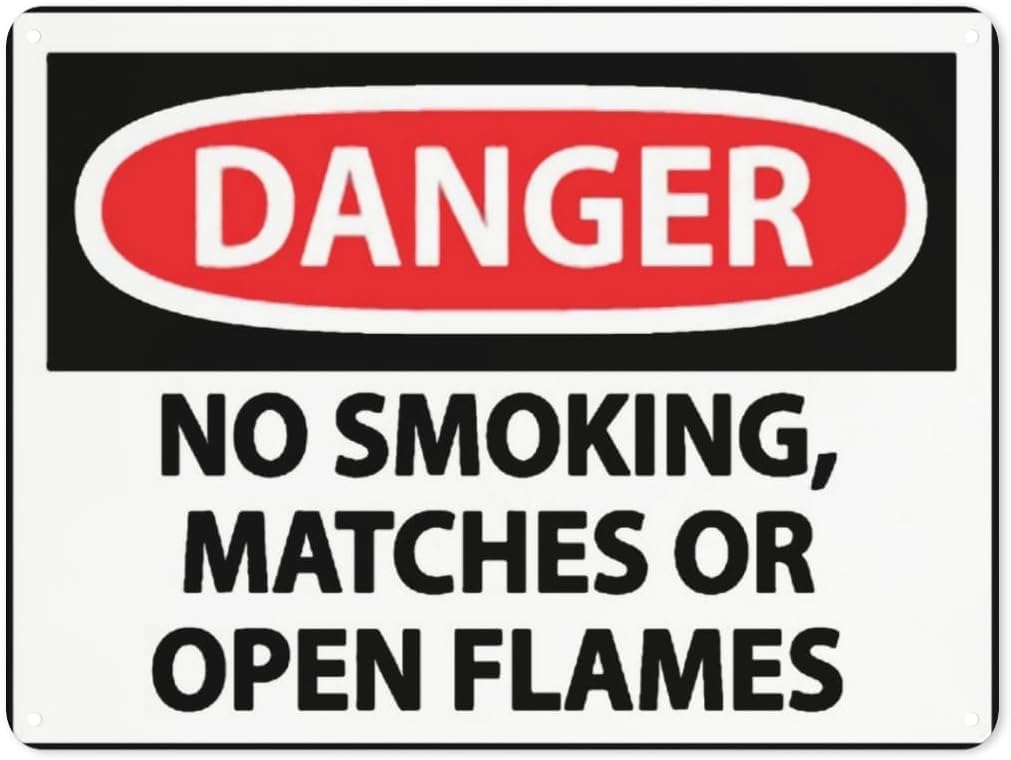 Warning Notice Danger No Smoking, Matches Or Open Flames Rust Free Aluminum Tin Sign - Traffic Safety Decor with Pre-Drilled Holes for Workplace, Flammable Zone - 12x8 Inch​