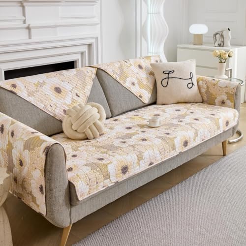 Image of HOMETHREADS Anti-Skid Sofa Protector Mat: Premium Printed Cotton Slipcover with Strong PVC Non-Slip Backing, (White Yellow, 1Pc Backrest | 70x75cm)