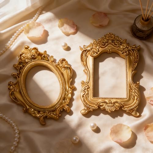 Image of 6 Pcs Mini Vintage Gold Frames, Small Picture Frames Antique Resin Photo Frame for DIY Craft Galley Wall Hanging Jewelry Display Shooting Photo Props Christmas Decor (Without Backings)