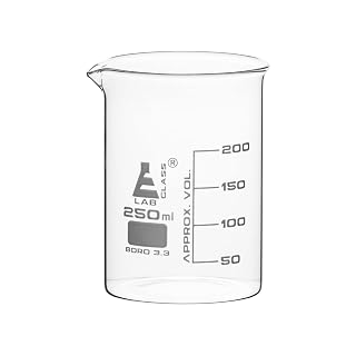 EISCO Beaker, 250ml - Low Form with Spout - White, 50ml Graduations - Borosilicate 3.3 Glass