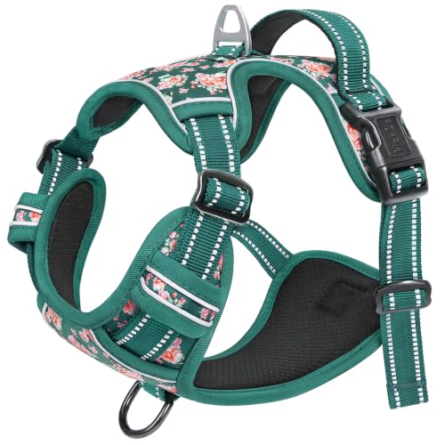 Image of HEELE Dog Harness, Reflective, No Pull No Choke, Flower Grass Green, S | Front Clip for Small Dog Harness, 2 Metal Rings with Handle, Adjustable, Soft Breathable Padded Pet Vest for Night Walking