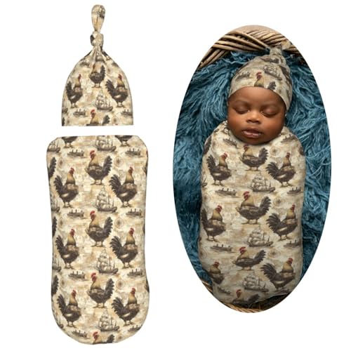 Image of Chickens in Pirate Attire Newborn Swaddle Blankets Hat Sets Soft Baby Receiving Blanket Swaddle Sack for Baby Shower Infant Boy Girl Gift