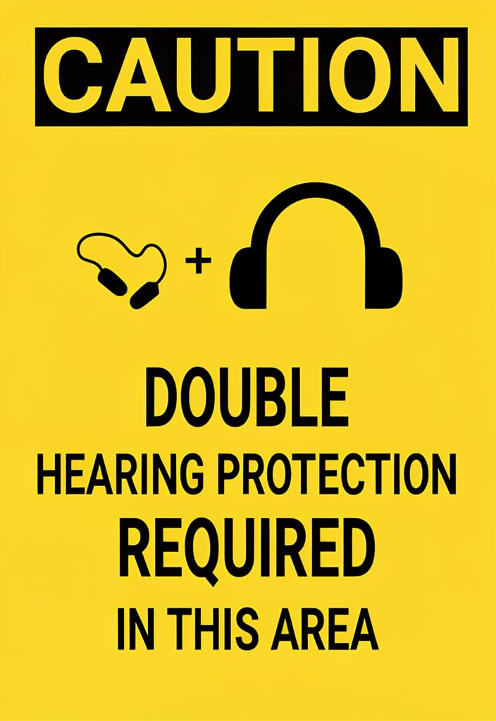 peiyeety Caution Double Hearing Protection Required Tin Sign 12x8 Inch, Yellow Black Safety Warning Metal Wall Decor Plaque for Workshop Garage Factory PPE Area, Industrial Humor Gift