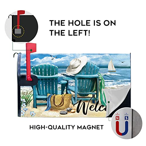 Image of Welcome Summer Sea Beach Mailbox Cover Magnetic Standard Size 20.5 inch x 18 inch, Ocean Seagull Sailboat Chairs Decorative Post Letter Box Wrap Decor Coastal Nautical Garden Yard Outdoor Decoration