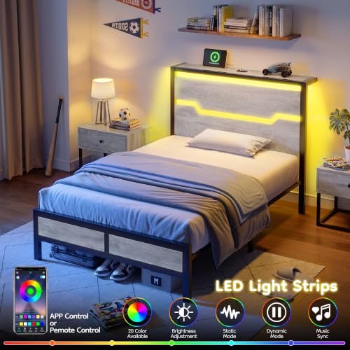 Image of Homkdom Twin Metal Bed Frame with LED Storage Headboard & USB Ports Grey | Underbed Storage for Saving Space, Noise-Free Quiet Sleep Setup for Teens Room, College Dorms & Small Studio Apartments