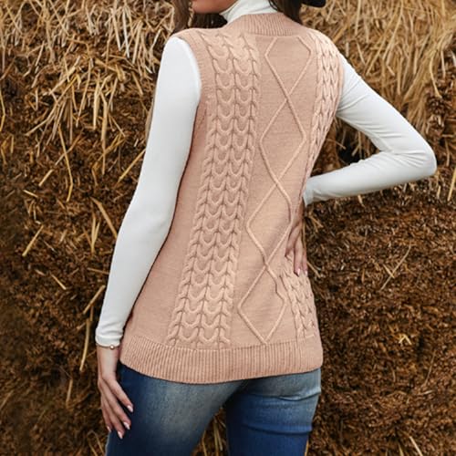 Image of Women's Sweater Vest,Long Cable Loose Knitted Sleeveless V Neck Casual Sweaters Tank Top S~XL