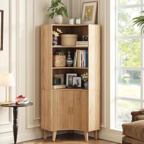 Image of Tall Corner Cabinet with Fluted Doors, 5-Tier Coffee Bar Cabinet with Storage, Narrow Storage Cabinets with Adjustable Shelves, Bathroom Organizers and Storage for Small Space, Natural
