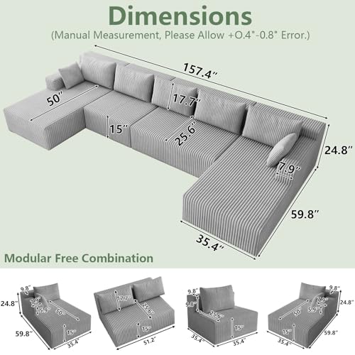Image of 160 inch Modular Sectional Sleeper Sofa, Boneless Cloud Couch for Living Room, U Shaped 3 Seat Sofa with Deep Seat, Free Combination, Couch in a Box, No Assembly Required (Light Grey)