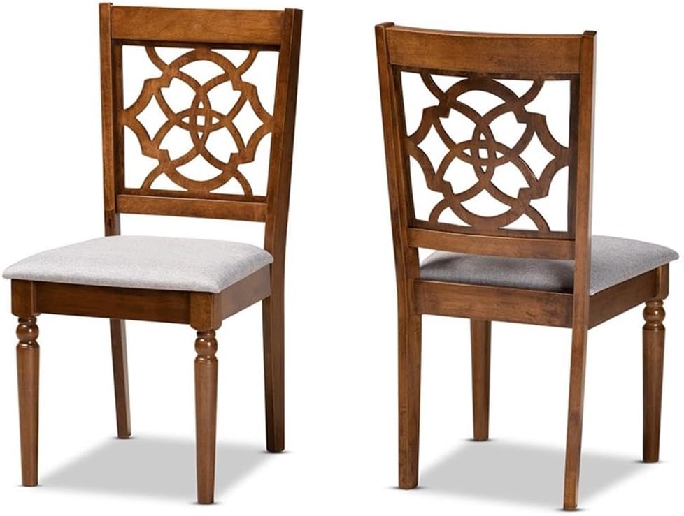 Bowery Hill 2-Piece Upholstered Dining Chair Set, Walnut Brown Finished Oak Wood, Grey Polyester Fabric, Foam Padded Seat, Cut-Out Back Design, 37.4" High, Classic Style Kitchen or Dining Room Seating