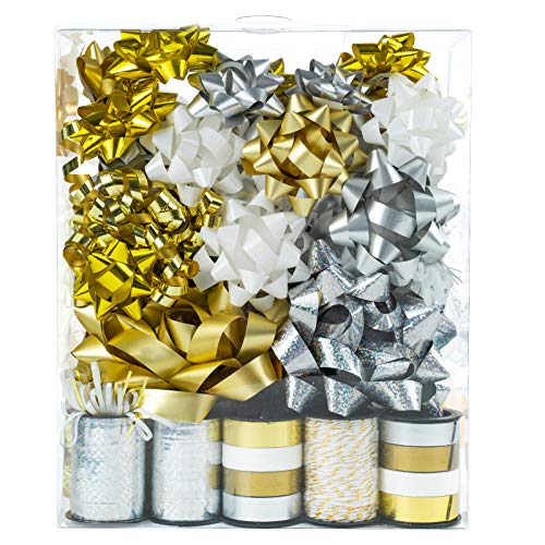 Wrapaholic 40 Pcs Gift Bows Assortment - 28 Assorted Size Gift Bows(Gold&Silver&White), 1 Pull Bow, 2 Tinsel Bows, 2 Fountain Bows, 2 Curly Bows, 4 Curling Ribbons, 1 Cotton Twine #TOP3