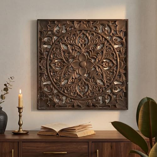 XIAOAIKA Boho Carved Wood Wall Art Panel, Floral Mandala, Distressed Brown