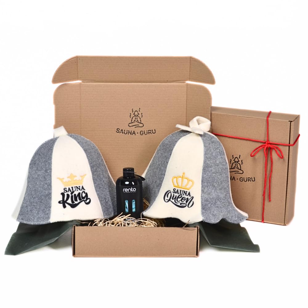 Sauna Gift Set "Sauna King & Queen" - 2 x Sauna Hat Made of 100% Wool Felt + Eucalyptus Sauna Infusion - Luxury Sauna Set for Two - Sauna Accessories & Gift Idea for Sauna Lovers, Wellness