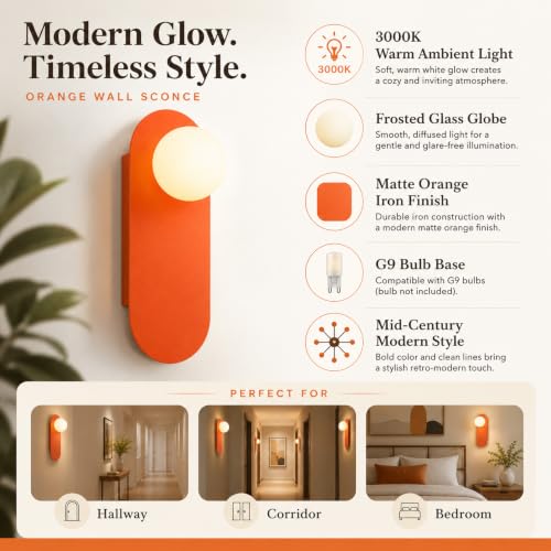 Image of Orange Glass Globe Wall Sconce,12 Inch,Suit for Bedroom Hallway | Frosted Sphere Lampshade, for Hallway and Bedside,Soft Warm Glow,MCM Style,Decorative Lighting,Hardwired Mount Design