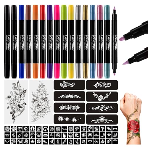 Oiomniv Temporary Tattoo Markers for Skin 15 PCS Tattoo Pens Body Markers Dual-End for Kids Adults 62 Tattoo Stencils 2 Tattoos Stickers Glitter Matte Face Paint Markers Kits Skin Safe