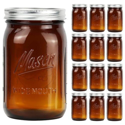 Lukfuu Amber Wide Mouth Mason Jars 32 oz with Metal Airtight Lids - Vintage Quart Size Glass Mason Jars for Food Storage, Canning, Preserving, Fermenting, Pickling, Meal Prep & DIY Crafts, 12 Pack