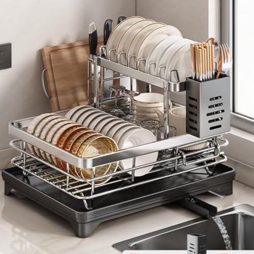 SUMFGO 2-Tier Expandable Dish Drying Rack Large Capacity Stainless Steel Dish Drainer with Utensil Holder for Kitchen Organizer