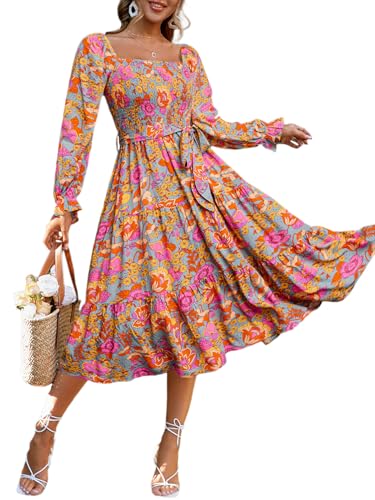 Image of Simplee Womens Long Sleeve Maxi Dress Casual Square Neck Smocked Flowy Fall Wedding Guest Dresses