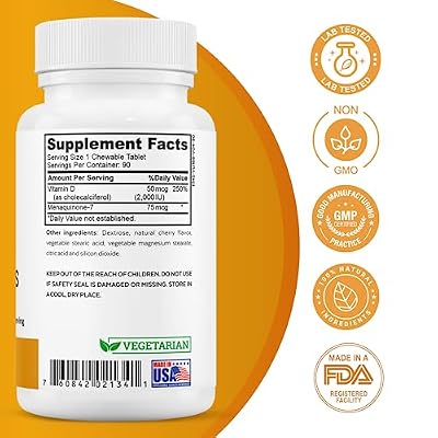 Vitamin D3 + K2 Chewables - 2000 IU Vitamin D and MK7 K2 (Menaquinone-7) - Cherry Flavored Tablets - Vitamin D + K2 Supplement for Adults and Kids
