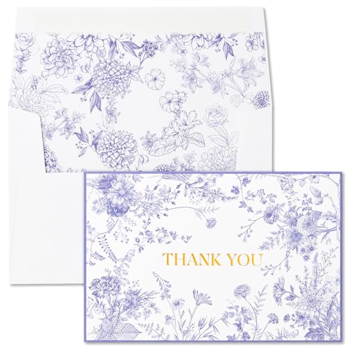 Crisky Purple Floral Thank You Cards with Envelopes, 50 Pack Lavender Wedding Thank You Notes Bulk for Bridal Shower Baby Shower Business Graduation, All Occasion