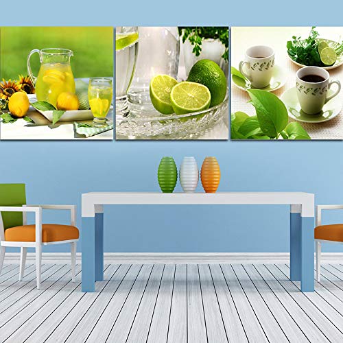 Impressions et Tableau sur toile, Fruits Verts Citron Citron Café Fleur Image, Tableau modernes, Images D'art Mural pour La Décoration De Cuisine 40x40cmx3 Sans Cadre Cover