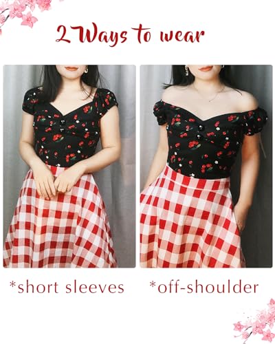 Image of YARN & INK Women's Rockabilly Tops 1950s Pinup Shirt Casual Off Shoulder Vintage Blouse