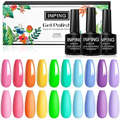 INPING Gel Nail Polish Set, 10 Color Bright Neon Rainbow Orange Yellow Pink Purple Green Blue Soak Off UV Nail Polish for Beginner DIY Nail Art Manicure Salon, 8ml/0.27oz Cover