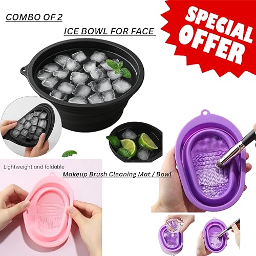 Image of Silicone Face Ice Bowl & Makeup Brush Cleaning Tub - Combo Pack of 2 | Collapsible Face Dipping Bowl for Skin Icing + Brush Wash Basin with Scrubbing Texture | Skincare & Beauty Essentials Set