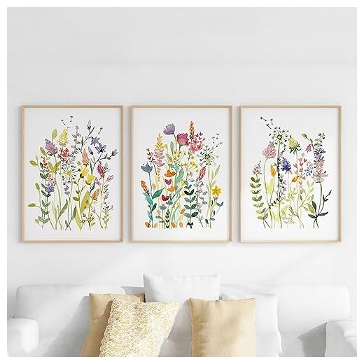 Juego de 3 Coloridos Carteles Abstractos Flores Acuarela Con Estampados Florales Brillantes Arte Pared de Plantas Cuadros de Pintura Lienzo Decoración Sala de Estar-30*40Cm/12*16 Pulgada (Sin Marco)