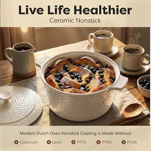 Gotham Steel Hammered 5 Qt Lightweight Dutch Oven Pot with Lid & Holders, Ceramic Non Toxic, Oven Safe & Even Heat Retaining Dutch Oven for Bread Baking Sourdough, Soup, 70% Lighter than Cast Iron