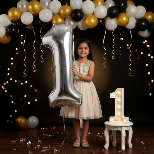 Image of Balloonistics Silver 40-Inch Foil Number 1 Balloon with Matching LED Marquee Light - Combo Set for 1st Birthday, Anniversary, Party Decoration, Photo Booth Backdrop, Cake Table Decor